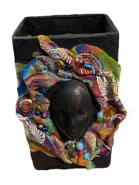 Handcrafted Eclectic Decorative Vase Multicolor Abstract Design Face Accent